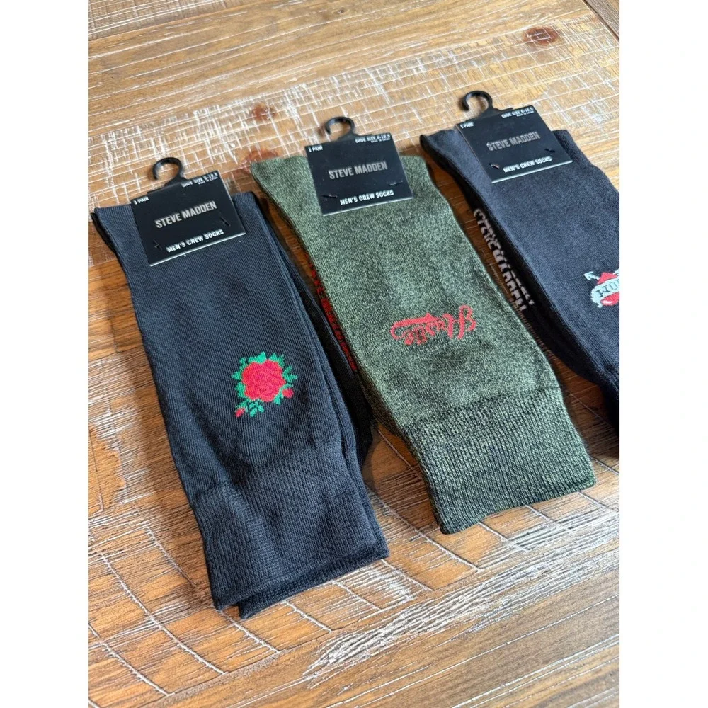 NWT Steve Madden Mens‎ Crew Socks 3 LOT Black Olive Green Rose Mom Hustle 6-12.5